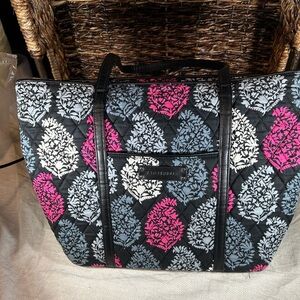 Vera Bradley Shoulder Bag Womens Zippered Black Gray Pink Leaves Purse Tote